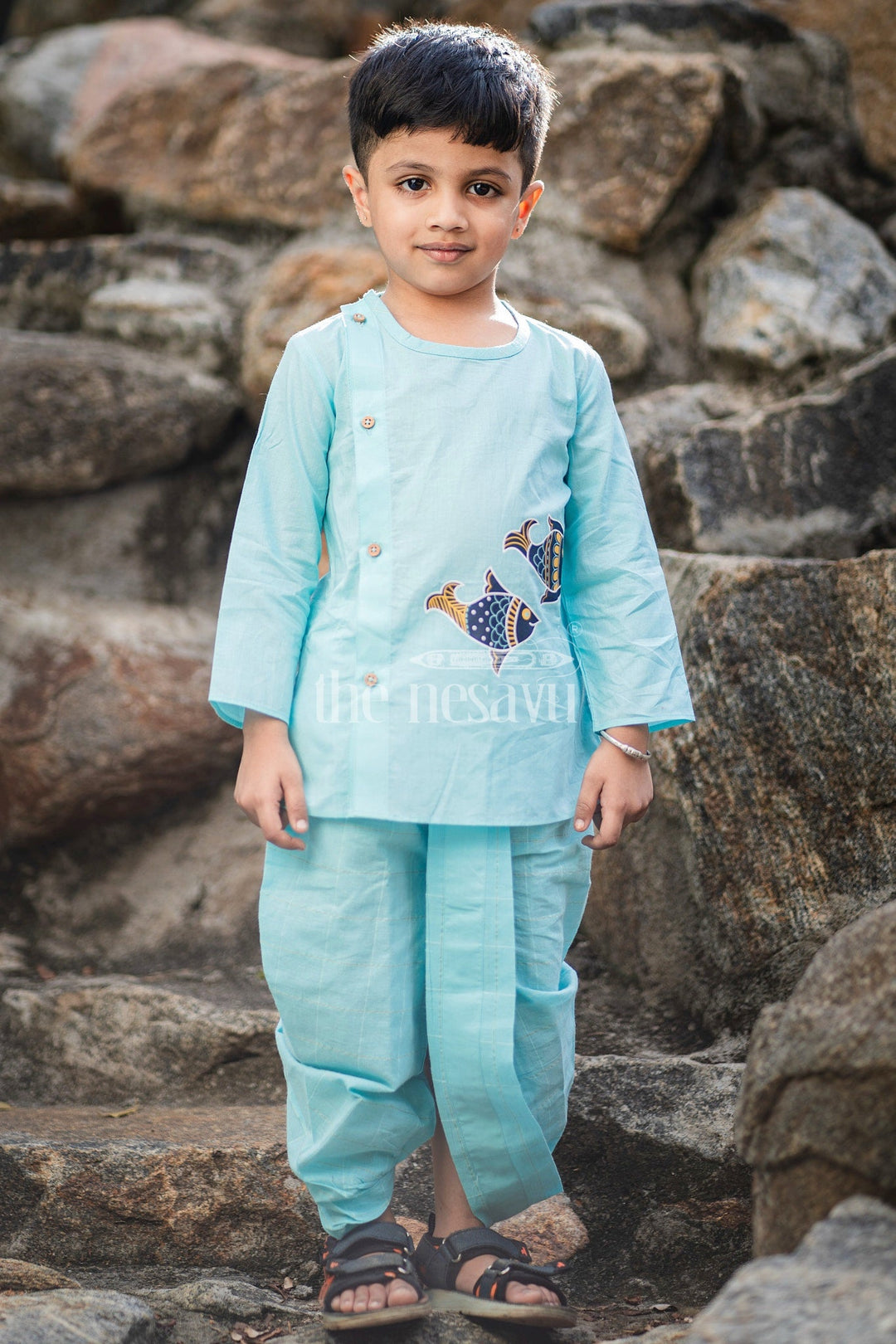 The Nesavu Boys Dothi Set Boys Teal Dhoti Set with Embroidered Kurta for Cultural Gatherings and Special Events Nesavu 10 (NB) / Teal BES584A-10 Nesavu Boys Teal Dhoti Set Fish Motif Kurta Cultural Gatherings Family Celebrations