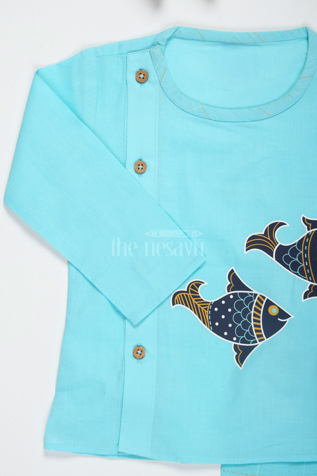 The Nesavu Boys Dothi Set Boys Teal Dhoti Set with Embroidered Kurta for Cultural Gatherings and Special Events Nesavu Nesavu Boys Teal Dhoti Set Fish Motif Kurta Cultural Gatherings Family Celebrations