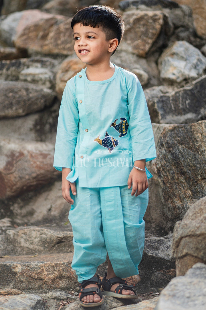 The Nesavu Boys Dothi Set Boys Teal Dhoti Set with Embroidered Kurta for Cultural Gatherings and Special Events Nesavu Nesavu Boys Teal Dhoti Set Fish Motif Kurta Cultural Gatherings Family Celebrations