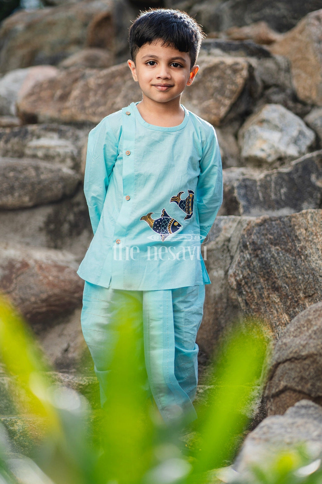 The Nesavu Boys Dothi Set Boys Teal Dhoti Set with Embroidered Kurta for Cultural Gatherings and Special Events Nesavu Nesavu Boys Teal Dhoti Set Fish Motif Kurta Cultural Gatherings Family Celebrations