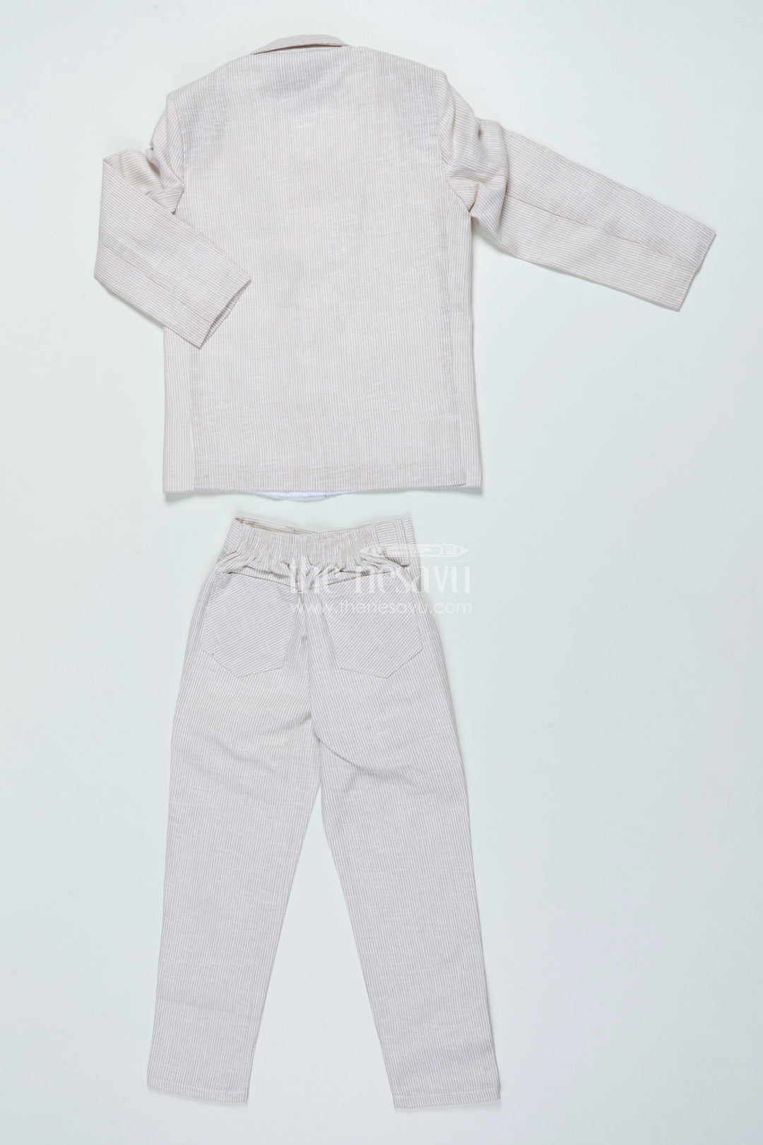 The Nesavu Boys Jacket Sets Boys Three-Piece Blazer Set with Bow Tie for Weddings and Celebrations Nesavu Nesavu boys striped cotton blazer suit bow tie wedding celebrations