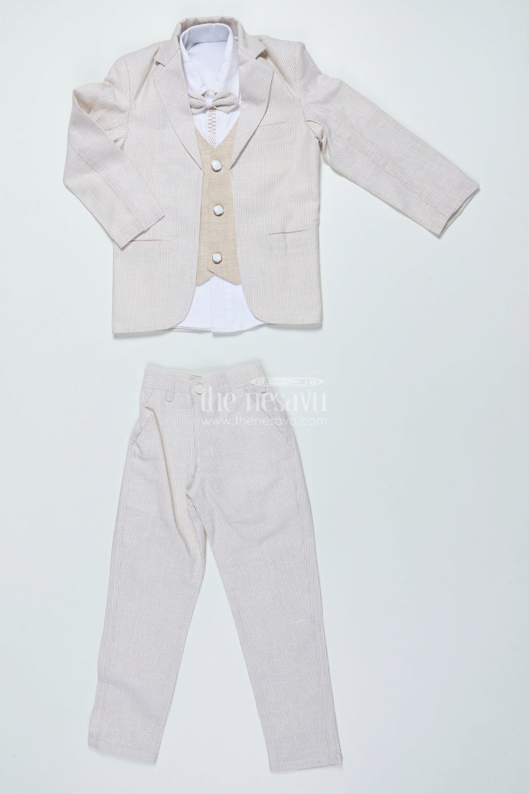 The Nesavu Boys Jacket Sets Boys Three-Piece Blazer Set with Bow Tie for Weddings and Celebrations Nesavu Nesavu boys striped cotton blazer suit bow tie wedding celebrations