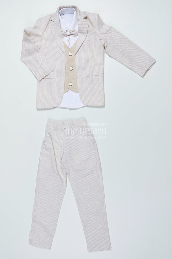 The Nesavu Boys Jacket Sets Boys Three-Piece Blazer Set with Bow Tie for Weddings and Celebrations Nesavu Nesavu boys striped cotton blazer suit bow tie wedding celebrations