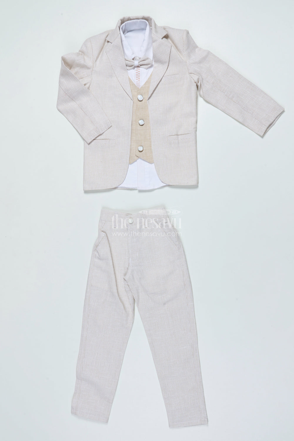 The Nesavu Boys Jacket Sets Boys Three-Piece Blazer Set with Bow Tie for Weddings and Celebrations Nesavu Nesavu boys striped cotton blazer suit bow tie wedding celebrations