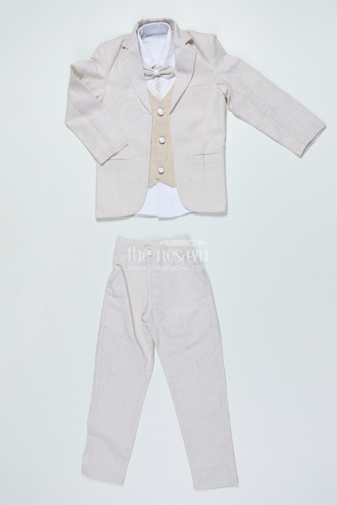 The Nesavu Boys Jacket Sets Boys Three-Piece Blazer Set with Bow Tie for Weddings and Celebrations Nesavu Nesavu boys striped cotton blazer suit bow tie wedding celebrations