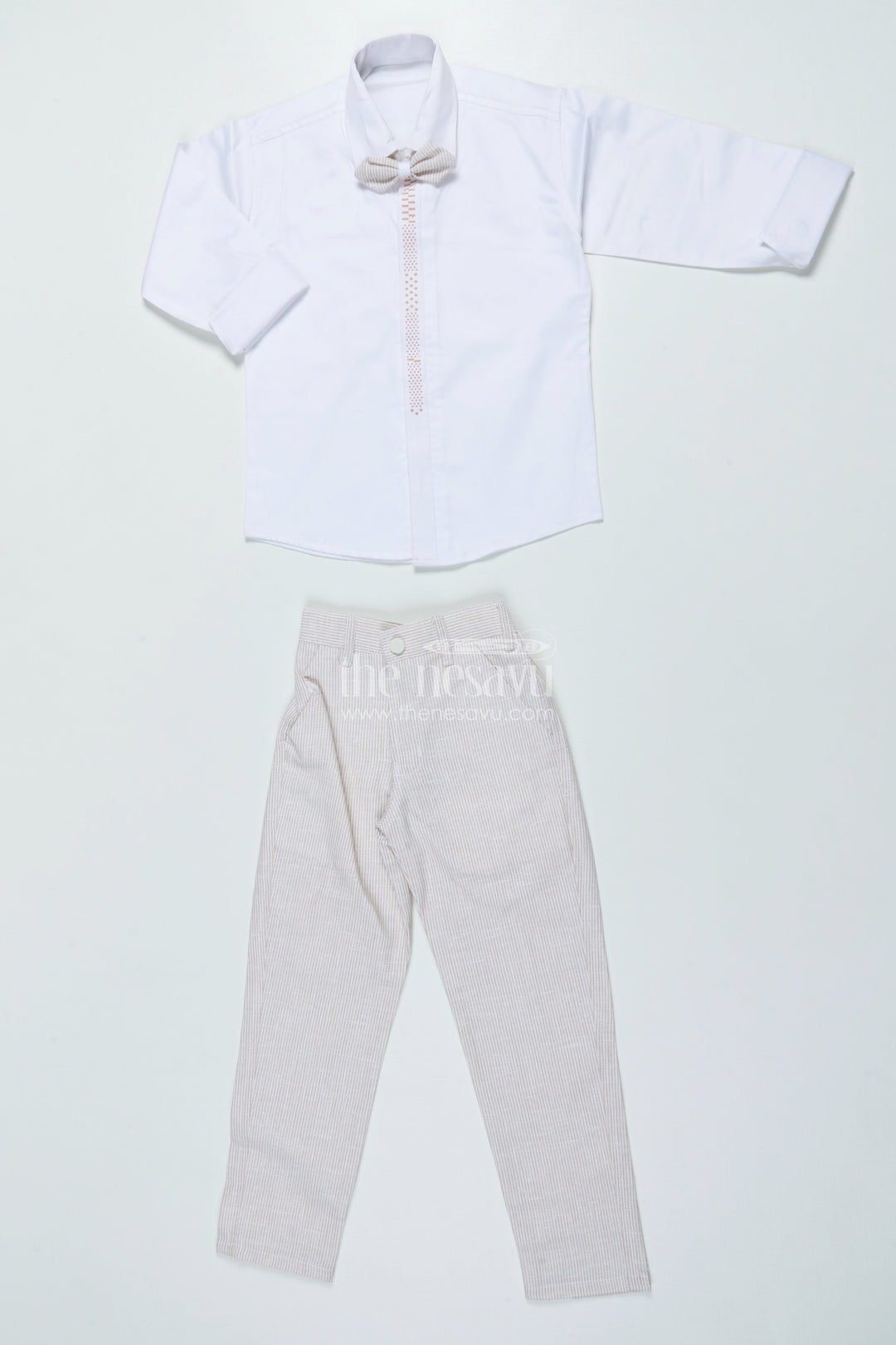 The Nesavu Boys Jacket Sets Boys Three-Piece Blazer Set with Bow Tie for Weddings and Celebrations Nesavu Nesavu boys striped cotton blazer suit bow tie wedding celebrations