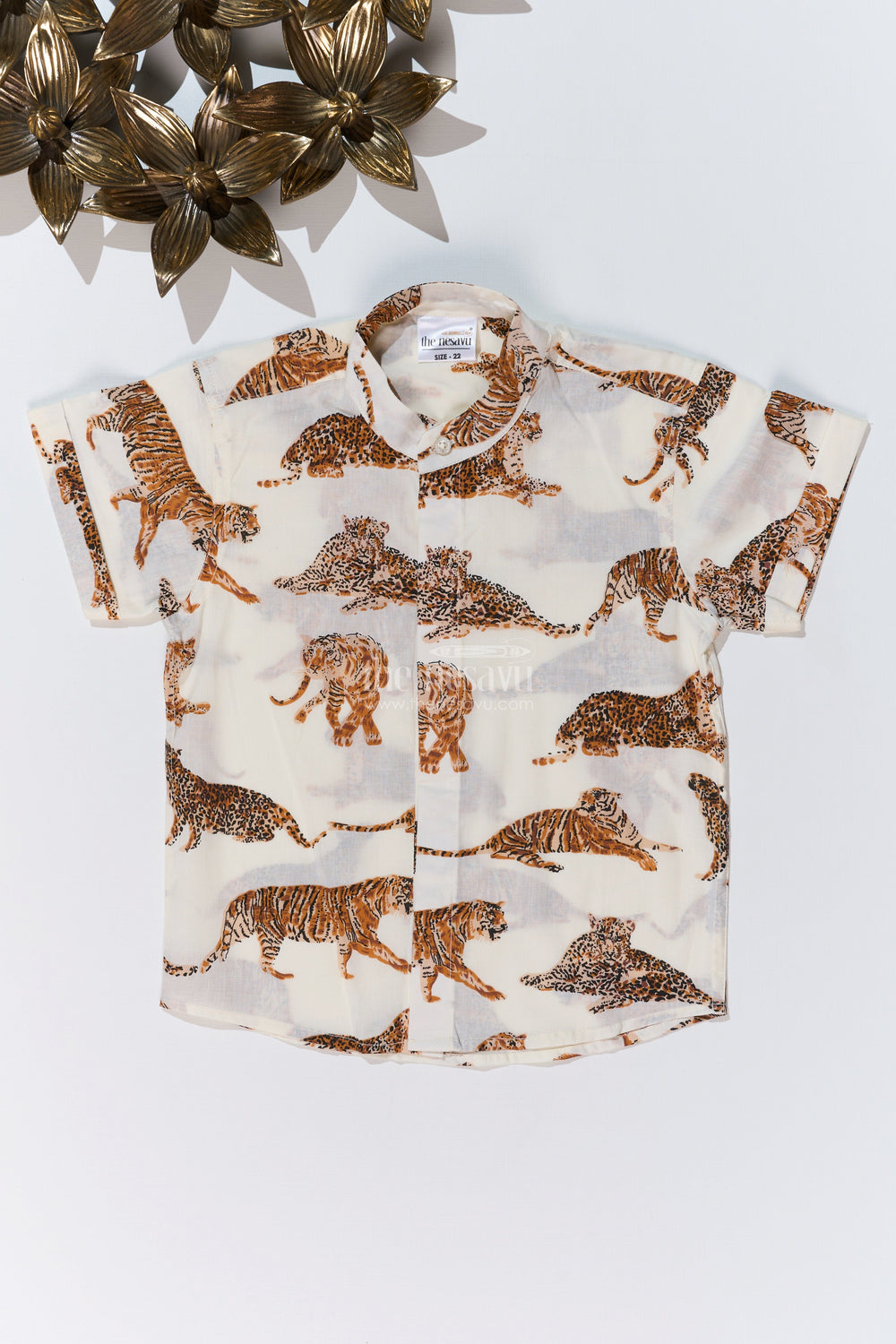 The Nesavu Boys Cotton Shirt Boys Tiger Print Half Shirt in Cotton Block Print with Wild Jungle Theme Nesavu 16 (1Y) / White BS239A-16 Nesavu Boys Tiger Print Half Shirt Cotton Block Print Jungle Wildlife Theme