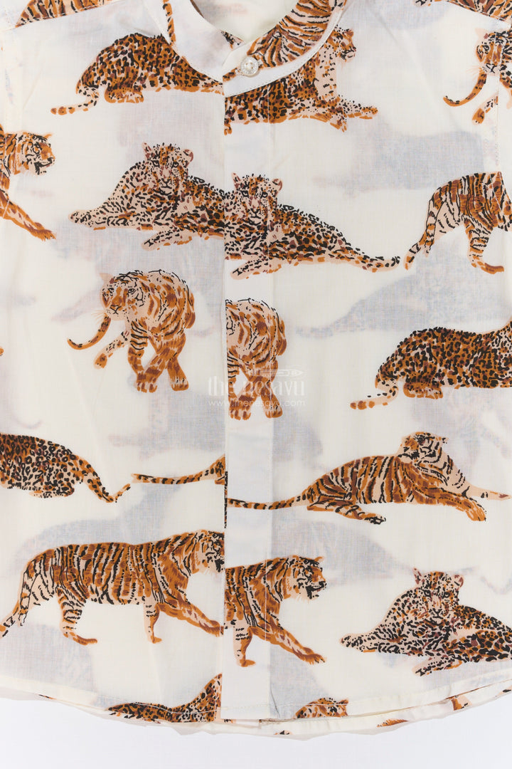 The Nesavu Boys Cotton Shirt Boys Tiger Print Half Shirt in Cotton Block Print with Wild Jungle Theme Nesavu Nesavu Boys Tiger Print Half Shirt Cotton Block Print Jungle Wildlife Theme