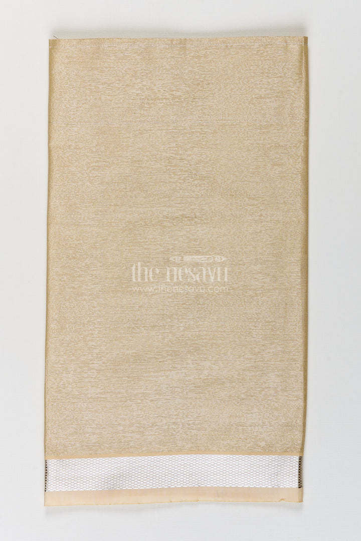 The Nesavu Boys Vesti Boys Tissue Dhoti in Beige with Subtle Shine and Silver Border for Classic Dhoti Styling Nesavu Boys Classic Dhoti Beige Tissue Silver Zari Border Timeless Traditional Dressing | The Nesavu