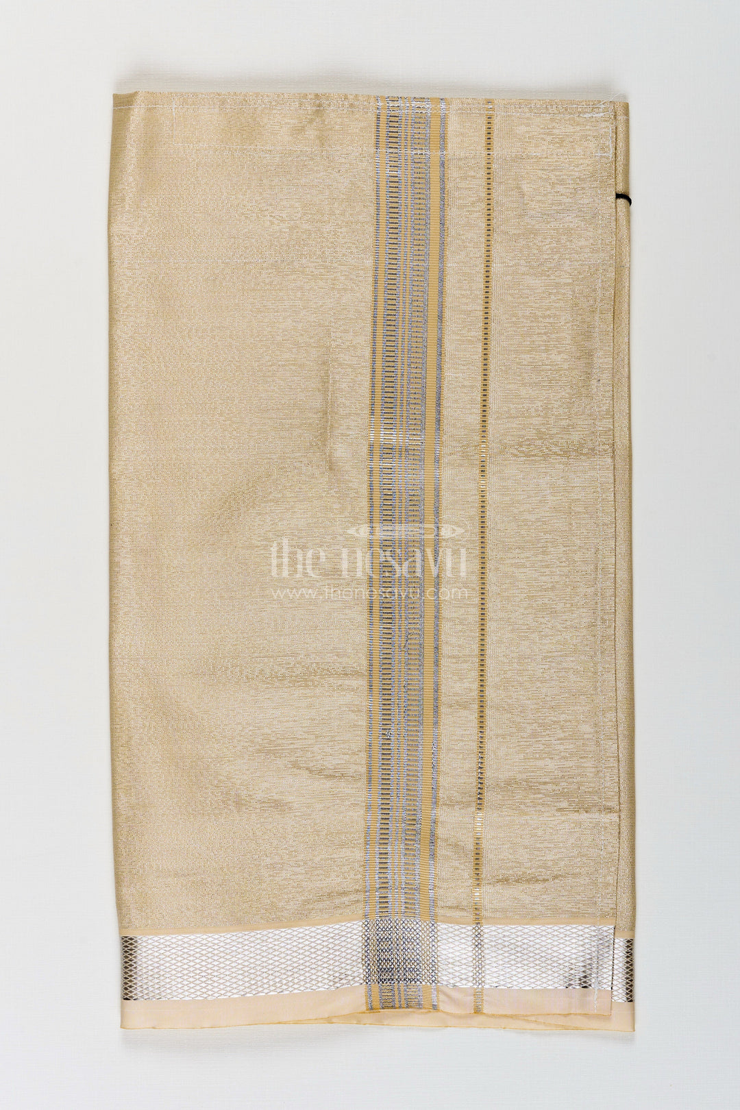 The Nesavu Boys Vesti Boys Tissue Dhoti in Beige with Subtle Shine and Silver Border for Classic Dhoti Styling Nesavu Boys Classic Dhoti Beige Tissue Silver Zari Border Timeless Traditional Dressing | The Nesavu