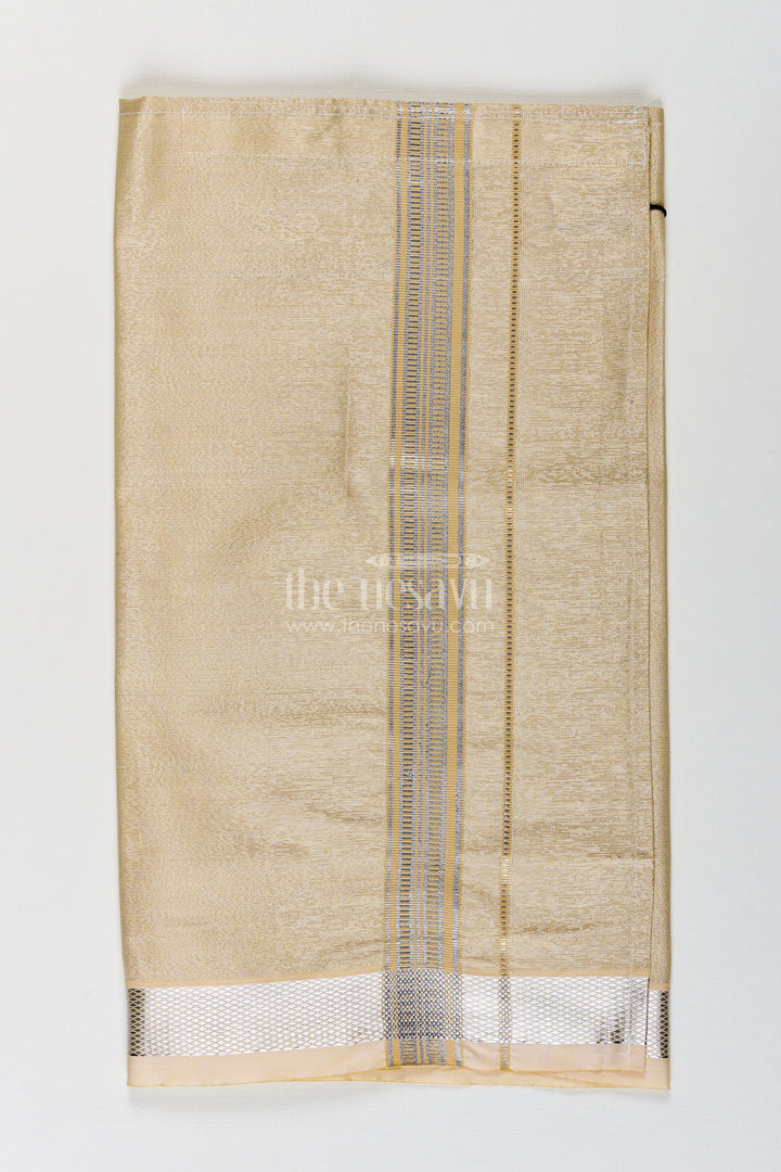 The Nesavu Boys Vesti Boys Tissue Dhoti in Beige with Subtle Shine and Silver Border for Classic Dhoti Styling Nesavu Boys Classic Dhoti Beige Tissue Silver Zari Border Timeless Traditional Dressing | The Nesavu