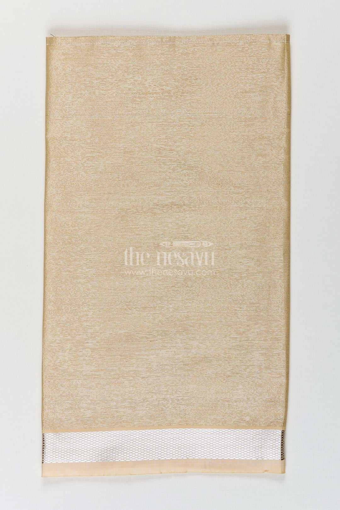 The Nesavu Boys Vesti Boys Tissue Dhoti in Beige with Subtle Shine and Silver Border for Classic Dhoti Styling Nesavu Boys Classic Dhoti Beige Tissue Silver Zari Border Timeless Traditional Dressing | The Nesavu
