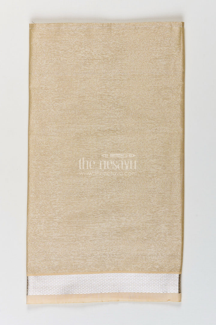 The Nesavu Boys Vesti Boys Tissue Dhoti in Beige with Subtle Shine and Silver Border for Classic Dhoti Styling Nesavu Boys Classic Dhoti Beige Tissue Silver Zari Border Timeless Traditional Dressing | The Nesavu