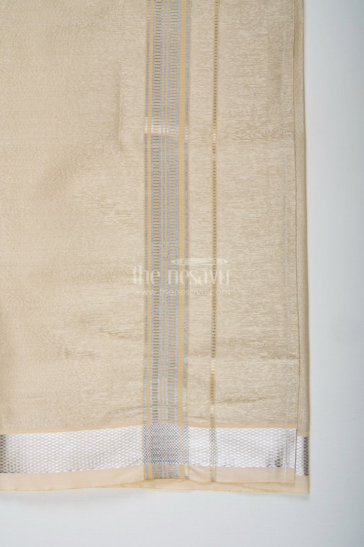 The Nesavu Boys Vesti Boys Tissue Dhoti in Beige with Subtle Shine and Silver Border for Classic Dhoti Styling Nesavu Boys Classic Dhoti Beige Tissue Silver Zari Border Timeless Traditional Dressing | The Nesavu