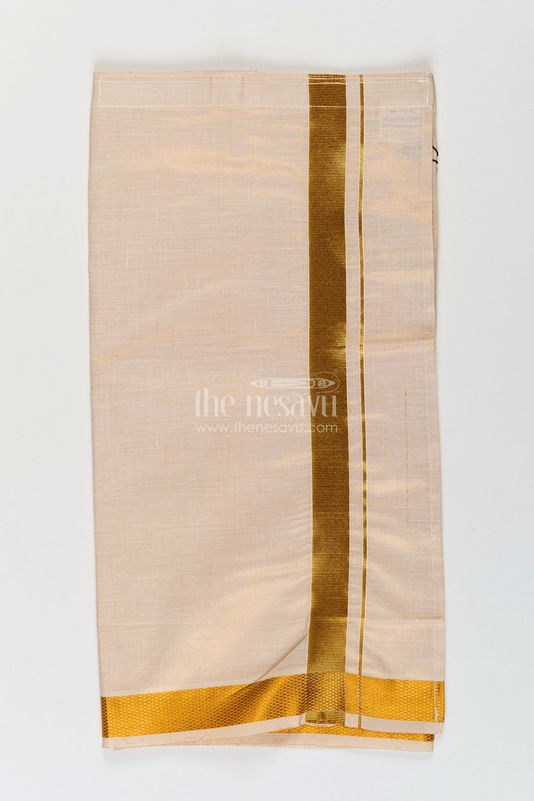 The Nesavu Boys Vesti Boys Tissue Dhoti in Ivory with Golden Border for Stylish Festive Occasions in Fashion Dhoti Look Nesavu 16 (1Y) / Gold D024A-16 Boys Fashion Dhoti Ivory Tissue Bright Golden Zari Border Festive Ethnic Style | The Nesavu