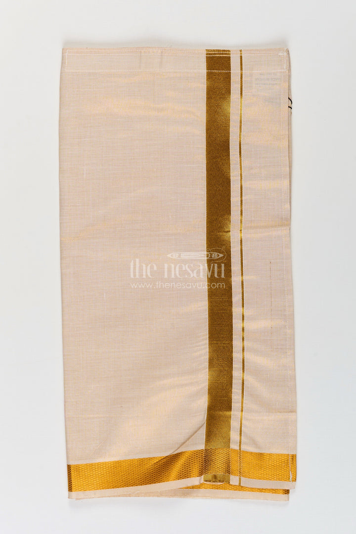 The Nesavu Boys Vesti Boys Tissue Dhoti in Ivory with Golden Border for Stylish Festive Occasions in Fashion Dhoti Look Nesavu 16 (1Y) / Gold D024A-16 Boys Fashion Dhoti Ivory Tissue Bright Golden Zari Border Festive Ethnic Style | The Nesavu