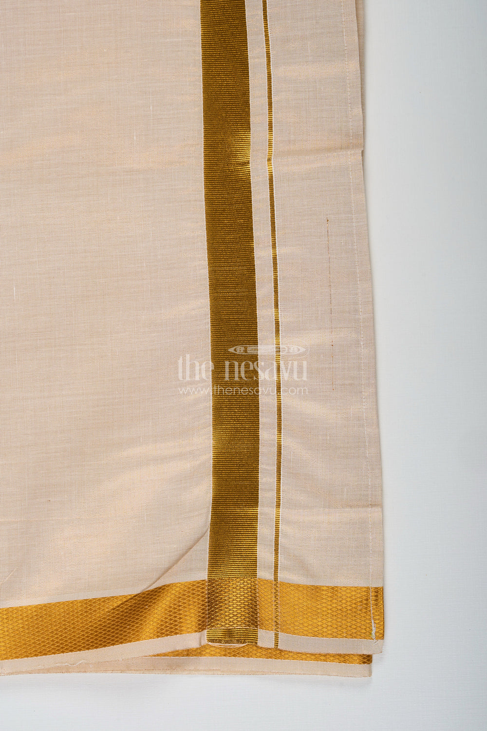 The Nesavu Boys Vesti Boys Tissue Dhoti in Ivory with Golden Border for Stylish Festive Occasions in Fashion Dhoti Look Nesavu Boys Fashion Dhoti Ivory Tissue Bright Golden Zari Border Festive Ethnic Style | The Nesavu