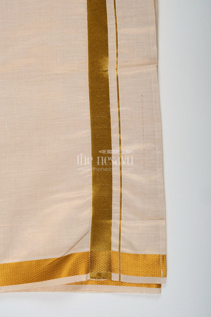 The Nesavu Boys Vesti Boys Tissue Dhoti in Ivory with Golden Border for Stylish Festive Occasions in Fashion Dhoti Look Nesavu Boys Fashion Dhoti Ivory Tissue Bright Golden Zari Border Festive Ethnic Style | The Nesavu