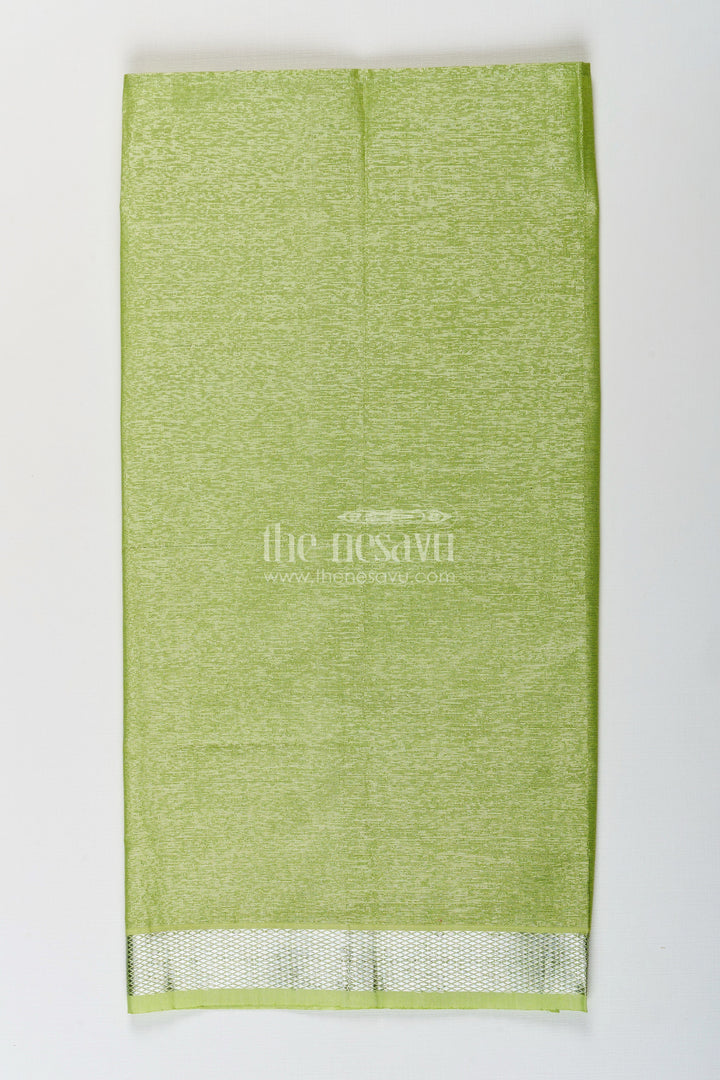 The Nesavu Boys Vesti Boys Tissue Dhoti in Light Green with Silver Zari for Vibrant Traditional Style in Latest Dhoti Look Nesavu Boys Latest Dhoti Light Green Tissue Silver Zari Border Stylish Ethnic Wear | The Nesavu