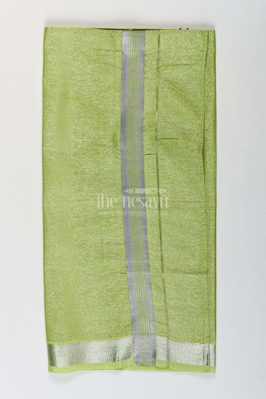 The Nesavu Boys Vesti Boys Tissue Dhoti in Light Green with Silver Zari for Vibrant Traditional Style in Latest Dhoti Look Nesavu Boys Latest Dhoti Light Green Tissue Silver Zari Border Stylish Ethnic Wear | The Nesavu