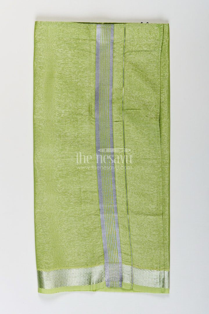 The Nesavu Boys Vesti Boys Tissue Dhoti in Light Green with Silver Zari for Vibrant Traditional Style in Latest Dhoti Look Nesavu Boys Latest Dhoti Light Green Tissue Silver Zari Border Stylish Ethnic Wear | The Nesavu
