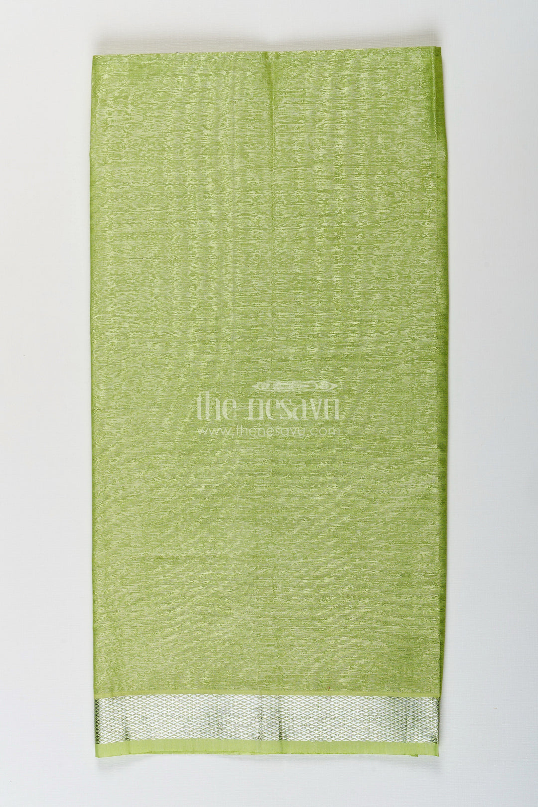 The Nesavu Boys Vesti Boys Tissue Dhoti in Light Green with Silver Zari for Vibrant Traditional Style in Latest Dhoti Look Nesavu Boys Latest Dhoti Light Green Tissue Silver Zari Border Stylish Ethnic Wear | The Nesavu