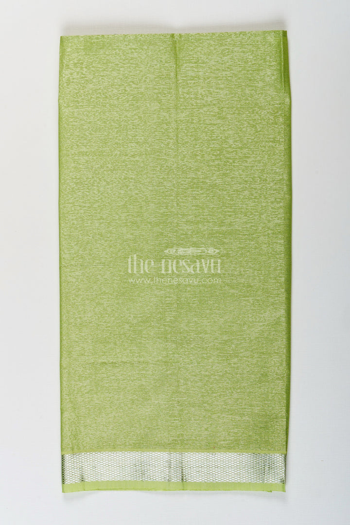 The Nesavu Boys Vesti Boys Tissue Dhoti in Light Green with Silver Zari for Vibrant Traditional Style in Latest Dhoti Look Nesavu Boys Latest Dhoti Light Green Tissue Silver Zari Border Stylish Ethnic Wear | The Nesavu