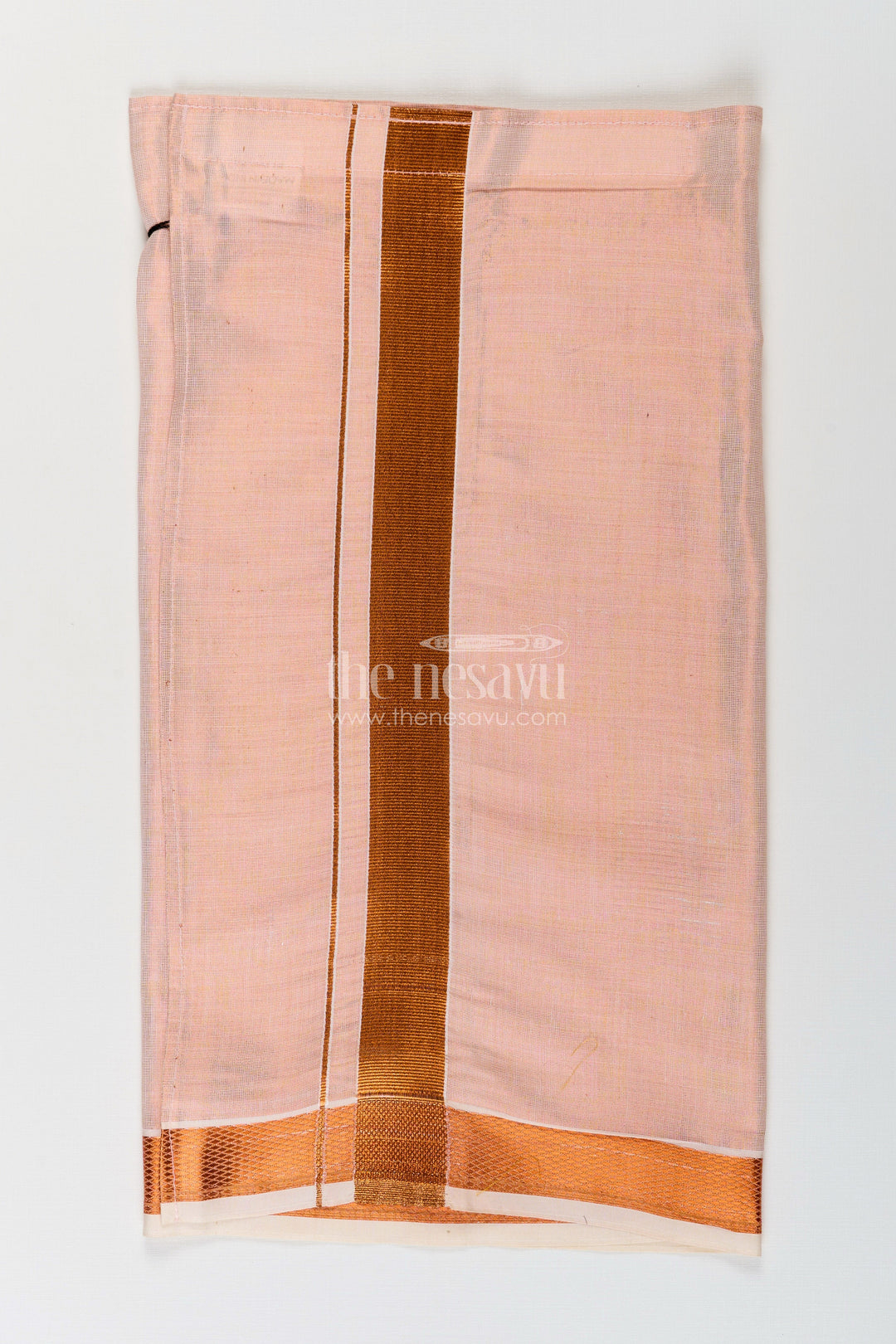 The Nesavu Boys Vesti Boys Tissue Dhoti in Light Peach with Copper Zari Border for Flexible Traditional Wear in Adjustable Dhoti Style Nesavu Boys Adjustable Dhoti Peach Tissue Copper Zari Border Traditional Versatility | The Nesavu