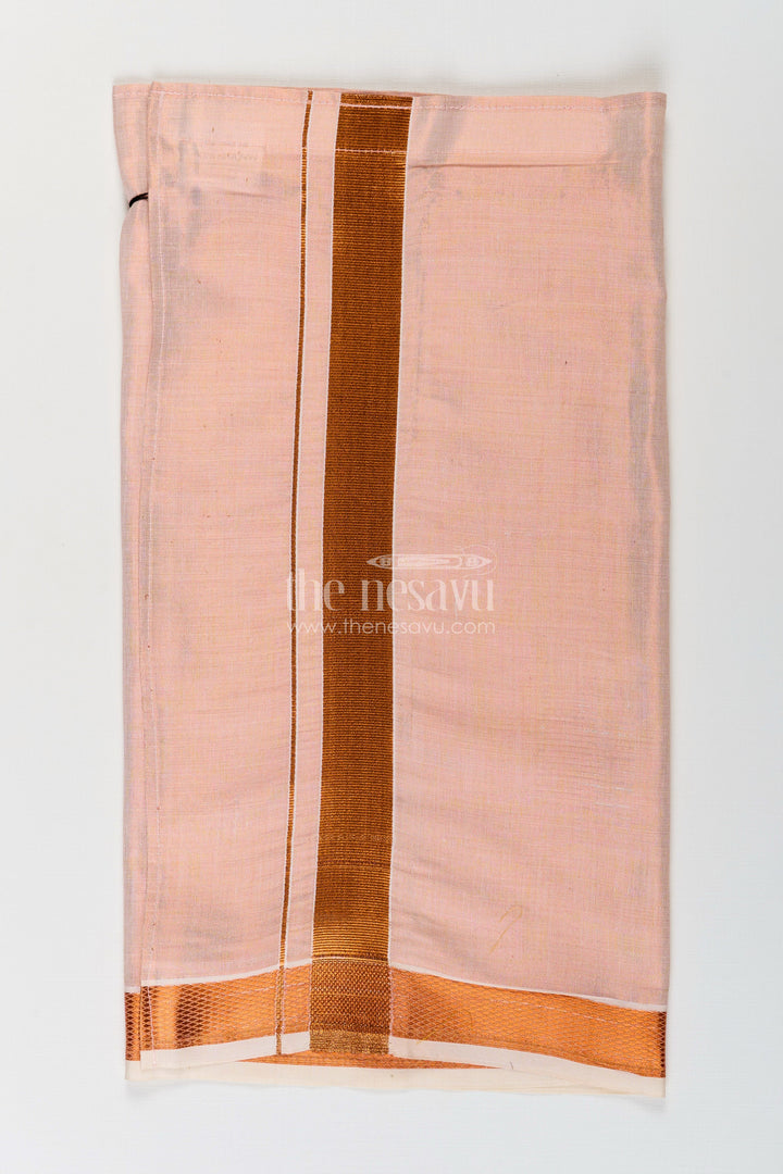 The Nesavu Boys Vesti Boys Tissue Dhoti in Light Peach with Copper Zari Border for Flexible Traditional Wear in Adjustable Dhoti Style Nesavu Boys Adjustable Dhoti Peach Tissue Copper Zari Border Traditional Versatility | The Nesavu