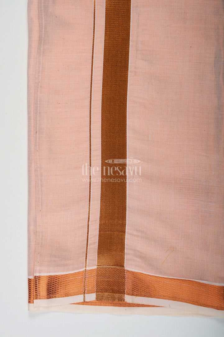 The Nesavu Boys Vesti Boys Tissue Dhoti in Light Peach with Copper Zari Border for Flexible Traditional Wear in Adjustable Dhoti Style Nesavu Boys Adjustable Dhoti Peach Tissue Copper Zari Border Traditional Versatility | The Nesavu