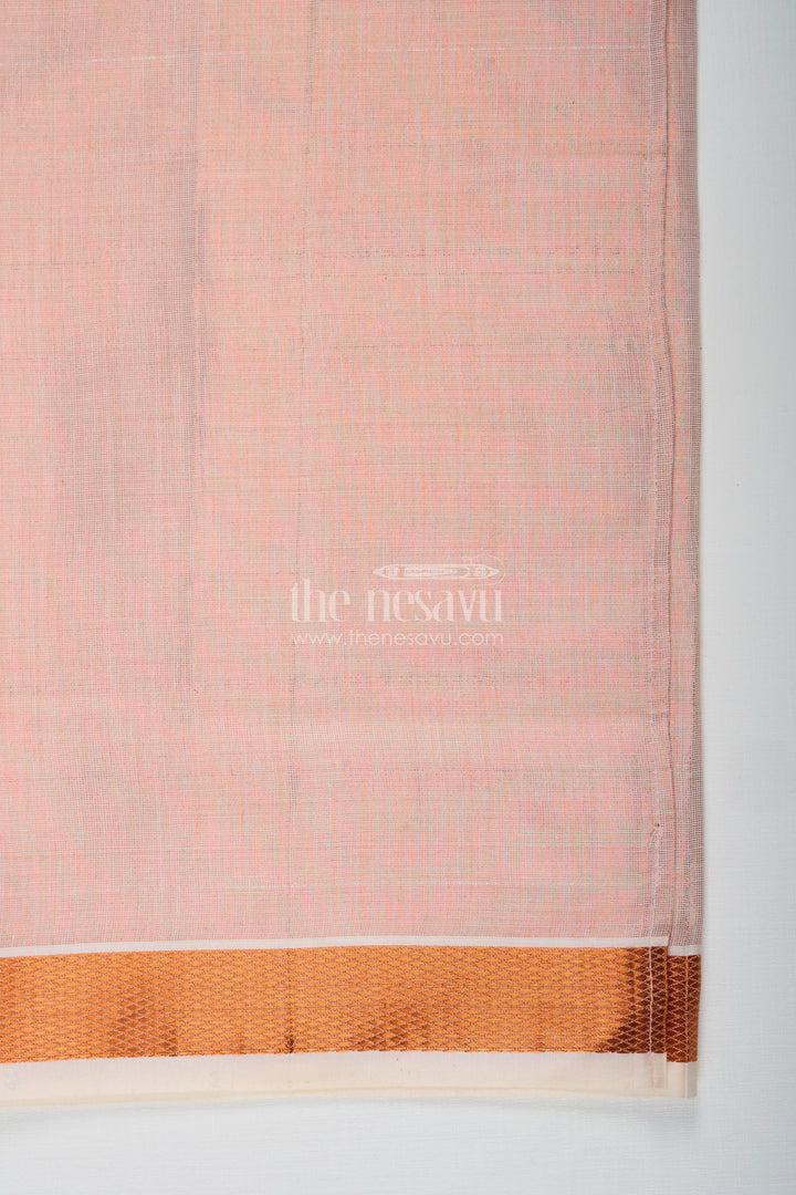 The Nesavu Boys Vesti Boys Tissue Dhoti in Off White with Copper Border for Simple Traditional Elegance in White Dhoti Style Nesavu Boys White Dhoti Light Tissue Copper Border Subtle Classic Traditional Wear | The Nesavu