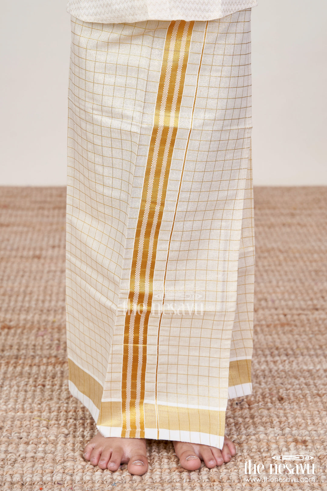 The Nesavu Boys Vesti Boys Tissue Dhoti with Checked Design and Double Zari Border in Elegant Dhoti Suit Style Nesavu 14 (6M) / Gold D019A-14 Boys Dhoti Suit Style Checked Tissue Fabric Dual Zari Border Formal Festive Looks | The Nesavu
