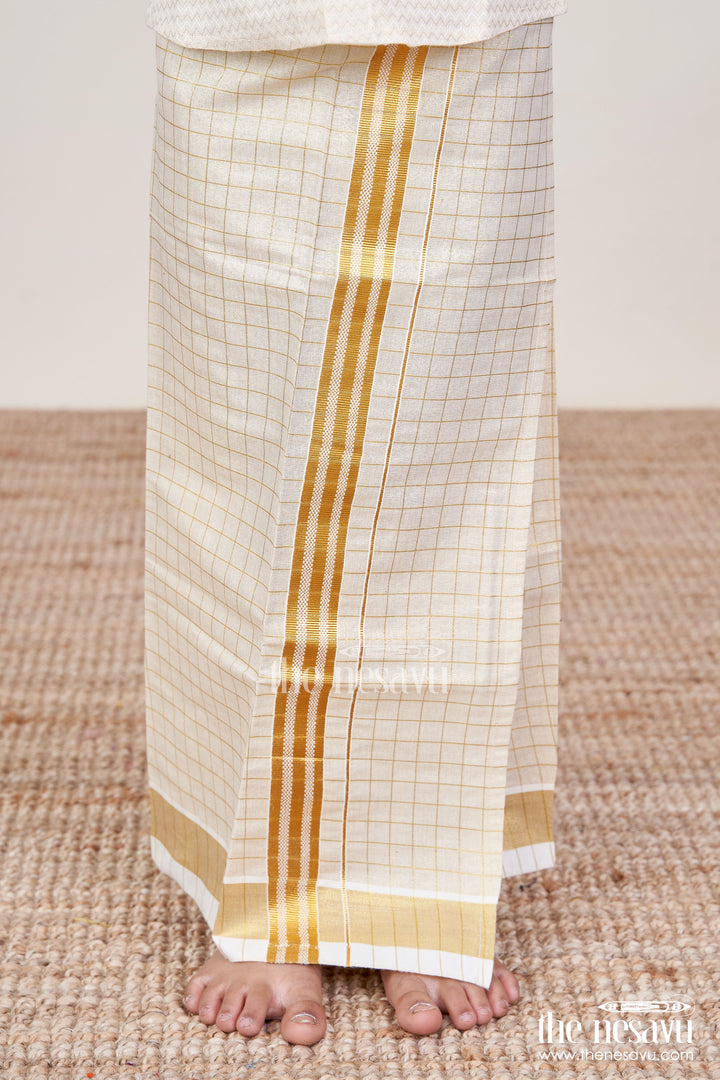The Nesavu Boys Vesti Boys Tissue Dhoti with Checked Design and Double Zari Border in Elegant Dhoti Suit Style Nesavu 14 (6M) / Gold D019A-14 Boys Dhoti Suit Style Checked Tissue Fabric Dual Zari Border Formal Festive Looks | The Nesavu