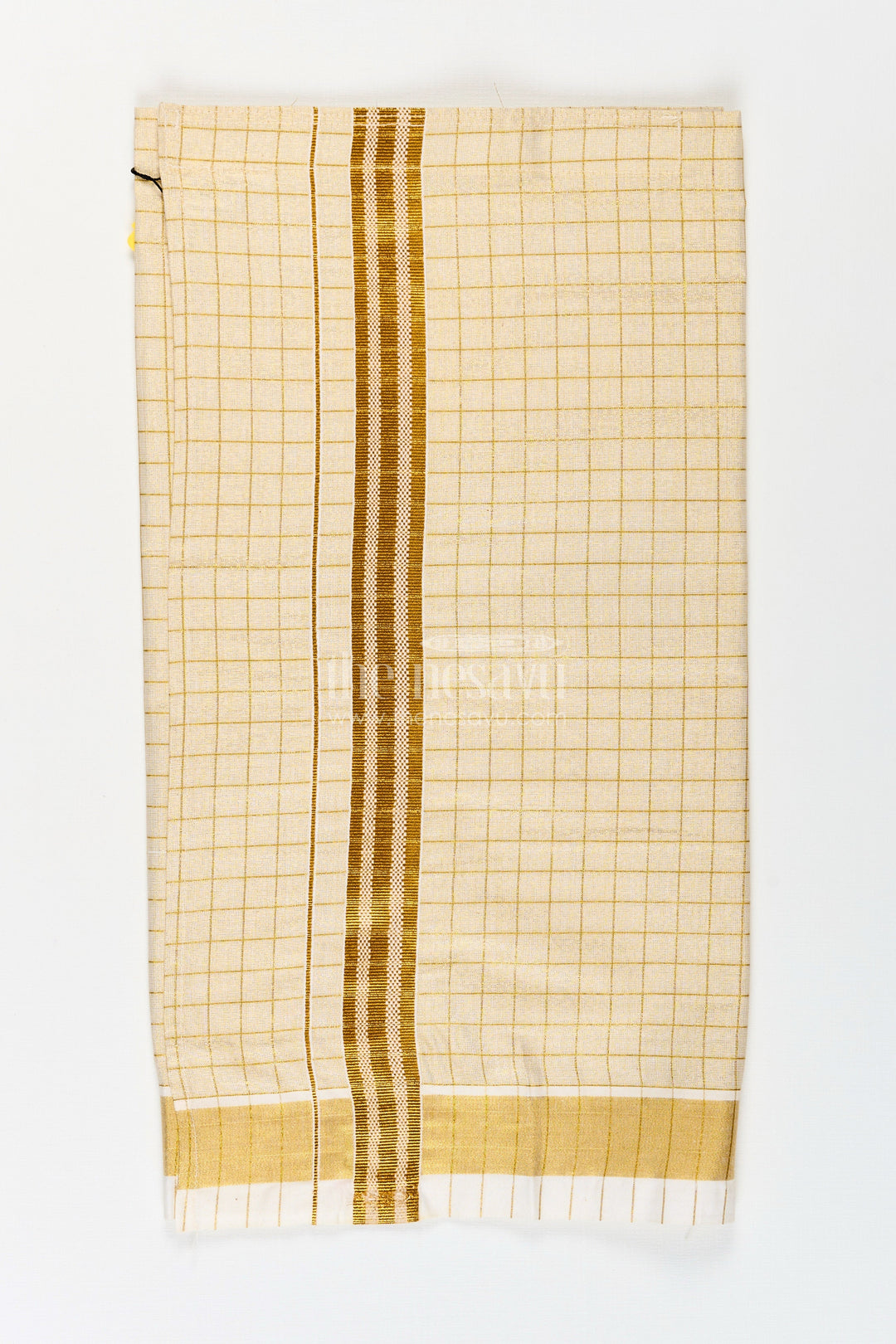 The Nesavu Boys Vesti Boys Tissue Dhoti with Checked Design and Double Zari Border in Elegant Dhoti Suit Style Nesavu Boys Dhoti Suit Style Checked Tissue Fabric Dual Zari Border Formal Festive Looks | The Nesavu