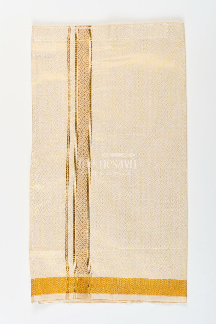 The Nesavu Boys Vesti Boys Tissue Dhoti with Embossed Zari Border in Golden Finish for a Traditional Dhoti Look Nesavu 16 (1Y) / Cream D021A-16 Boys Dhoti Look Tissue Embossed Design Broad Gold Zari Border Festive Comfort | The Nesavu