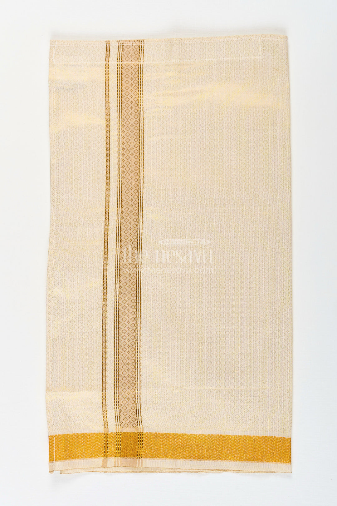 The Nesavu Boys Vesti Boys Tissue Dhoti with Embossed Zari Border in Golden Finish for a Traditional Dhoti Look Nesavu Boys Dhoti Look Tissue Embossed Design Broad Gold Zari Border Festive Comfort | The Nesavu