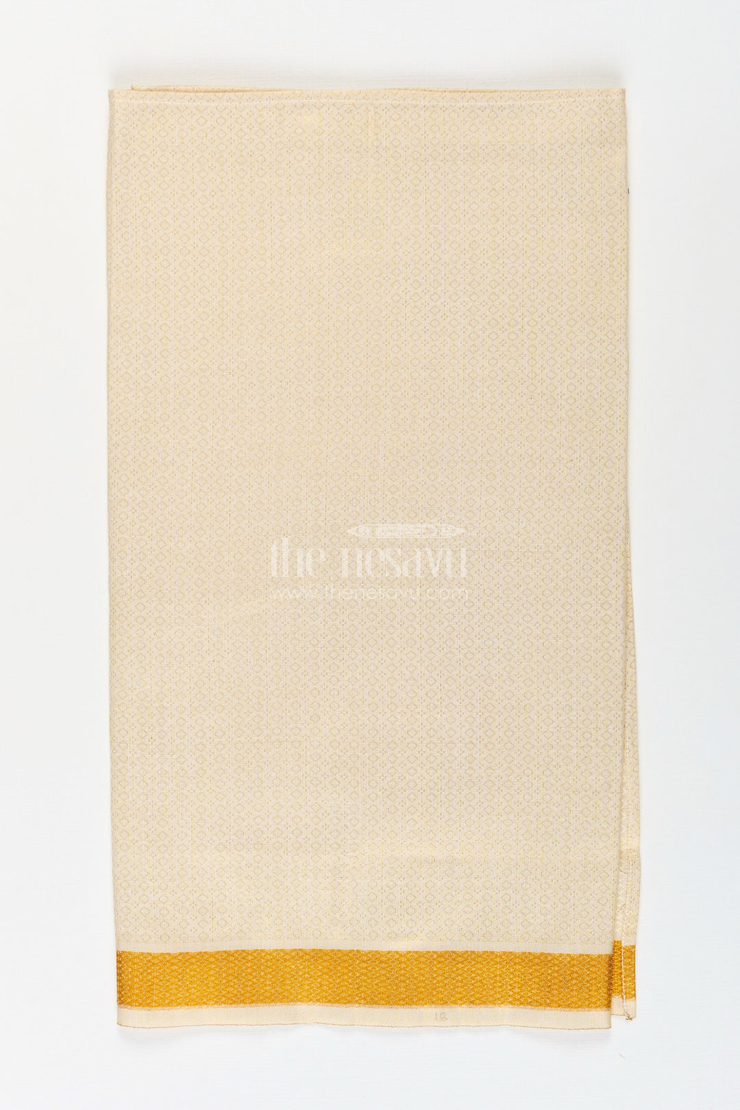 The Nesavu Boys Vesti Boys Tissue Dhoti with Embossed Zari Border in Golden Finish for a Traditional Dhoti Look Nesavu Boys Dhoti Look Tissue Embossed Design Broad Gold Zari Border Festive Comfort | The Nesavu