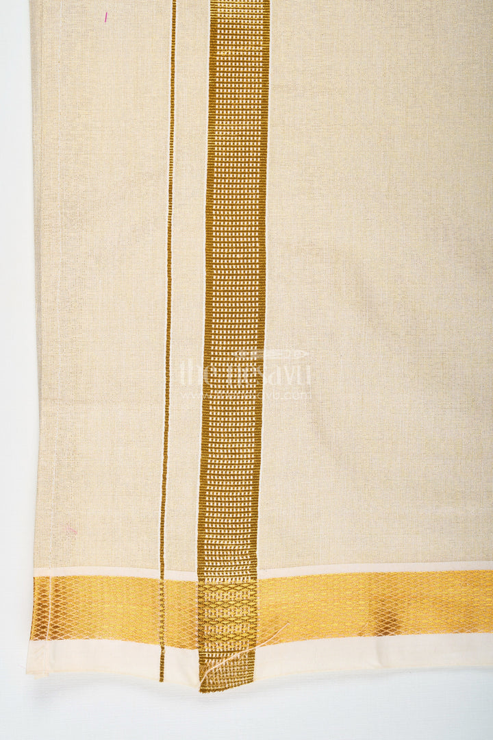 The Nesavu Boys Vesti Boys Tissue Dhoti with Golden Border for Comfortable Everyday Traditional Look in Casual Dhoti Style Nesavu Boys Casual Dhoti Tissue Fabric Golden Zari Border Traditional Daily Wear | The Nesavu