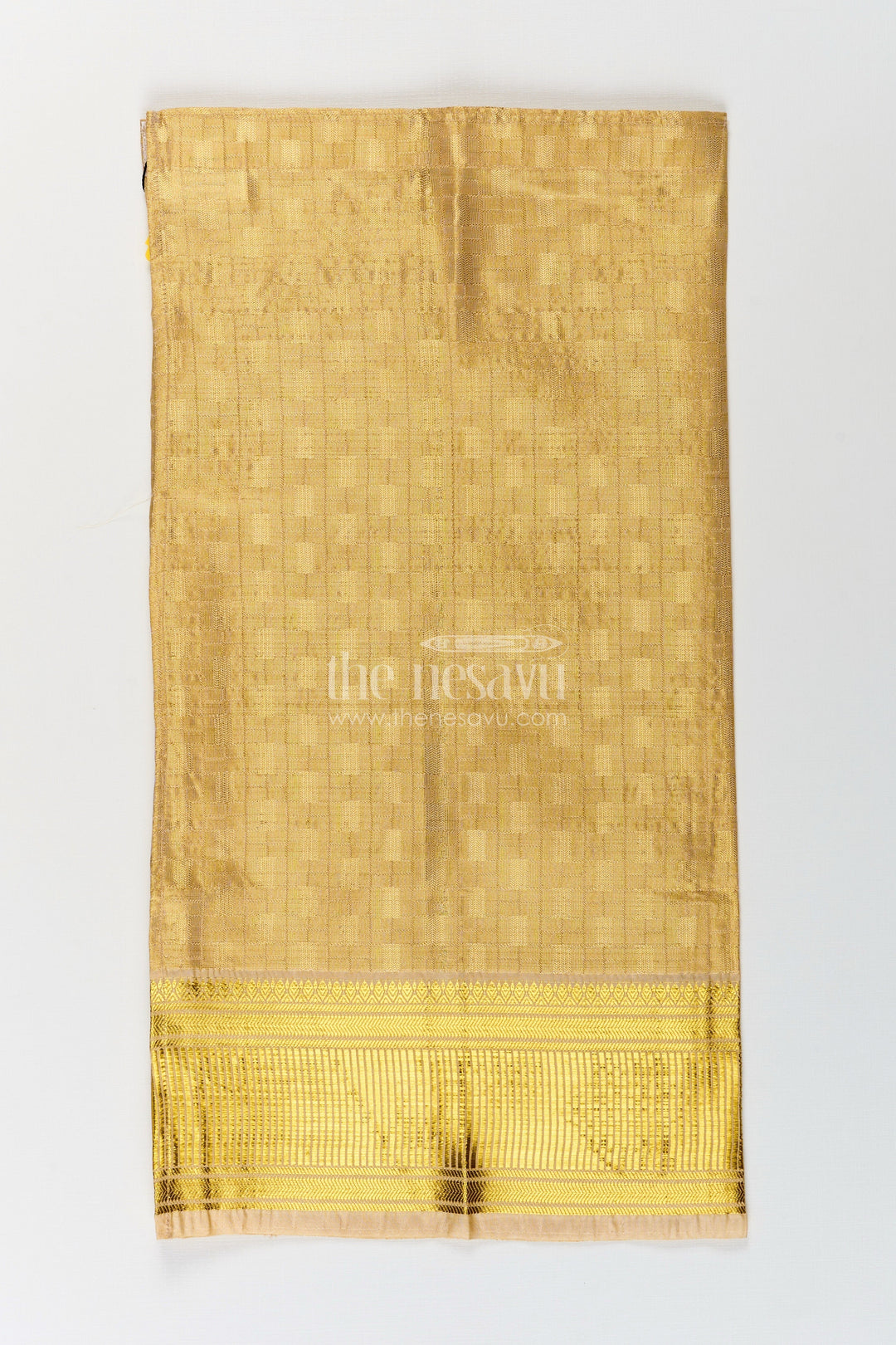 The Nesavu Boys Vesti Boys Tissue Embossed Dhoti with Rich Zari Border in Yellow Dhoti Traditional Style Nesavu 16 (1Y) / Gold D027A-16 Boys yellow dhoti Tissue Fabric Embossed Detailing Golden Zari Border | The Nesavu