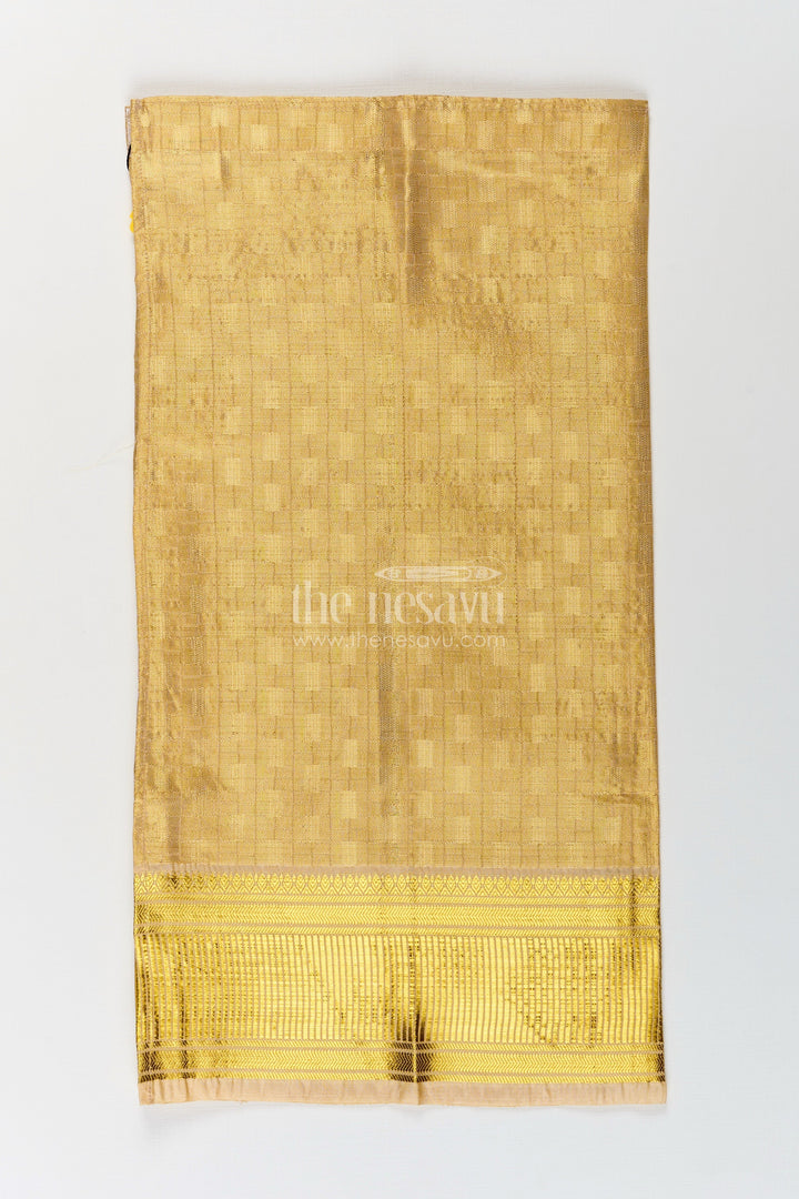 The Nesavu Boys Vesti Boys Tissue Embossed Dhoti with Rich Zari Border in Yellow Dhoti Traditional Style Nesavu 16 (1Y) / Gold D027A-16 Boys yellow dhoti Tissue Fabric Embossed Detailing Golden Zari Border | The Nesavu