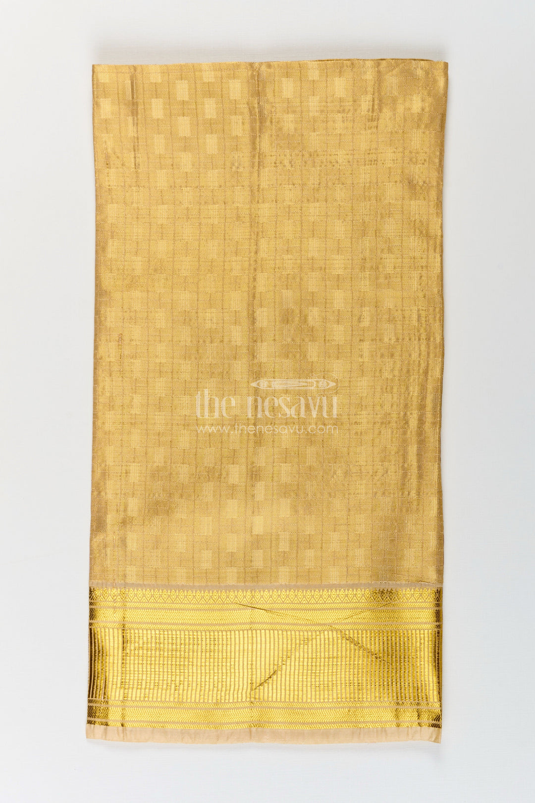 The Nesavu Boys Vesti Boys Tissue Embossed Dhoti with Rich Zari Border in Yellow Dhoti Traditional Style Nesavu Boys yellow dhoti Tissue Fabric Embossed Detailing Golden Zari Border | The Nesavu