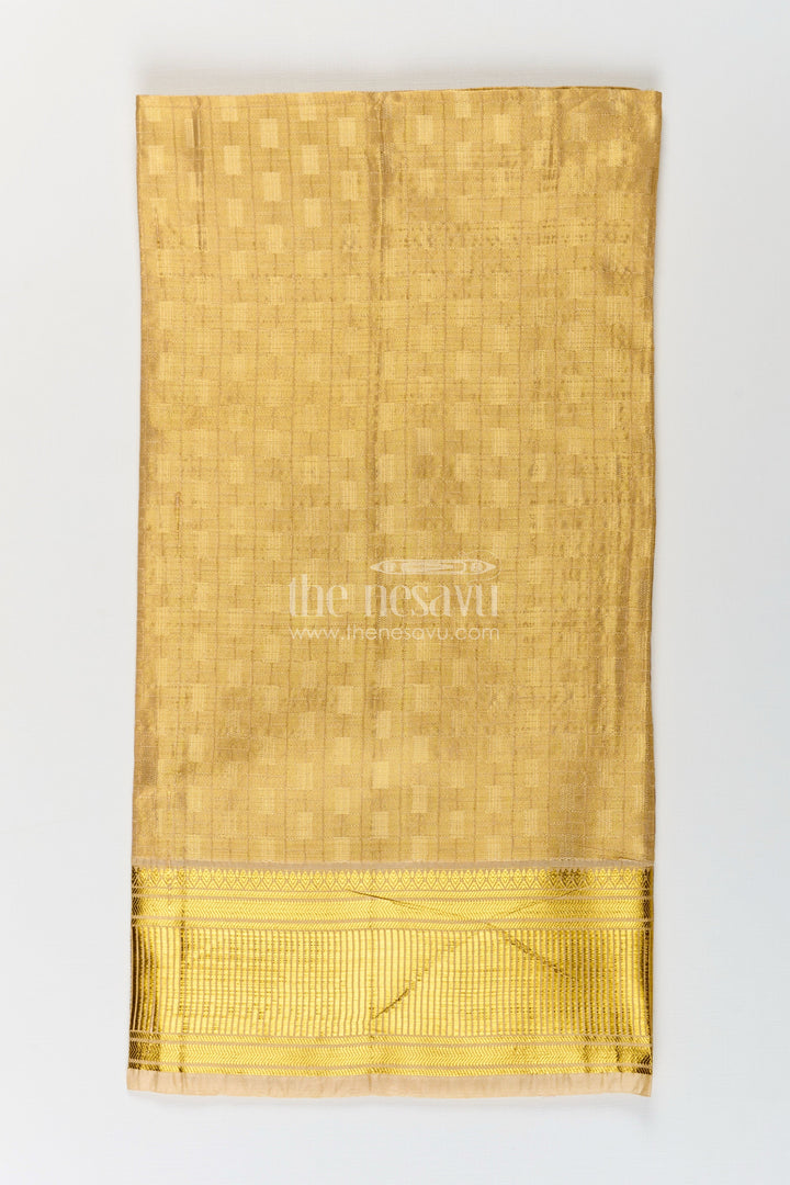The Nesavu Boys Vesti Boys Tissue Embossed Dhoti with Rich Zari Border in Yellow Dhoti Traditional Style Nesavu Boys yellow dhoti Tissue Fabric Embossed Detailing Golden Zari Border | The Nesavu