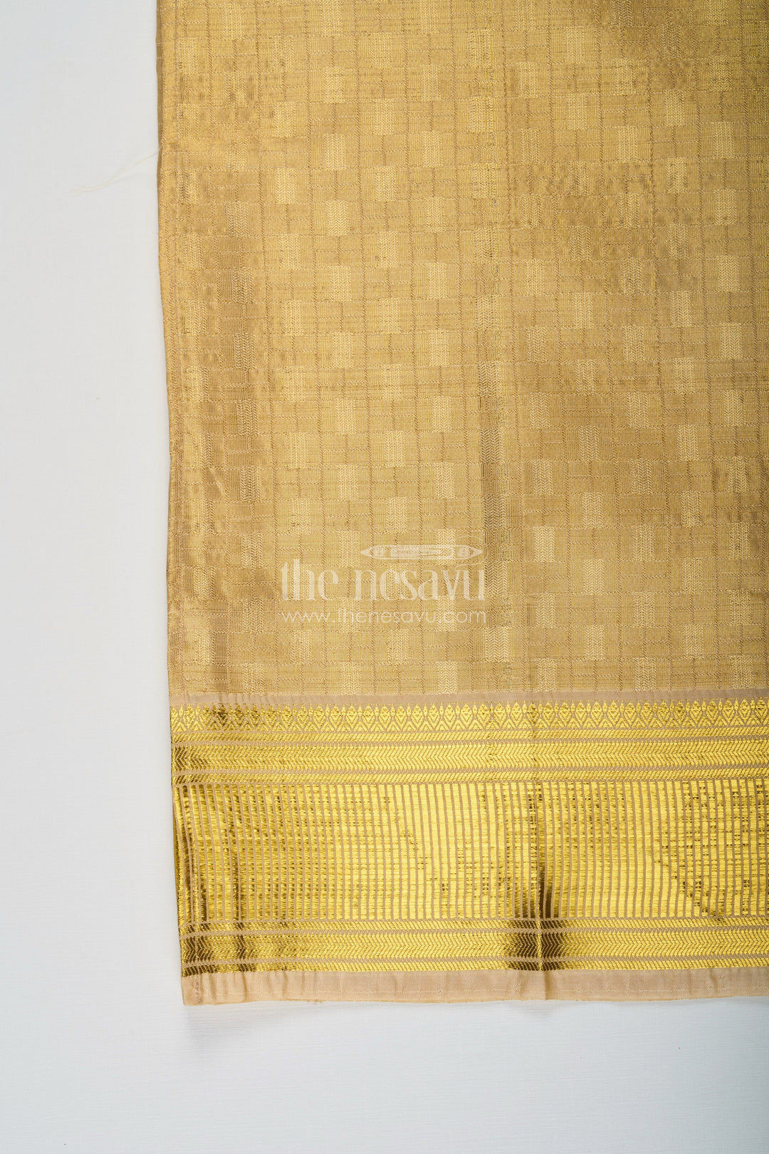 The Nesavu Boys Vesti Boys Tissue Embossed Dhoti with Rich Zari Border in Yellow Dhoti Traditional Style Nesavu Boys yellow dhoti Tissue Fabric Embossed Detailing Golden Zari Border | The Nesavu