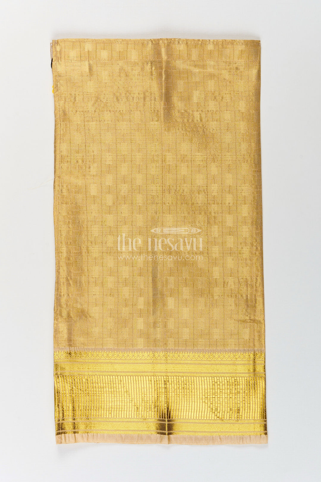 The Nesavu Boys Vesti Boys Tissue Embossed Dhoti with Rich Zari Border in Yellow Dhoti Traditional Style Nesavu Boys yellow dhoti Tissue Fabric Embossed Detailing Golden Zari Border | The Nesavu