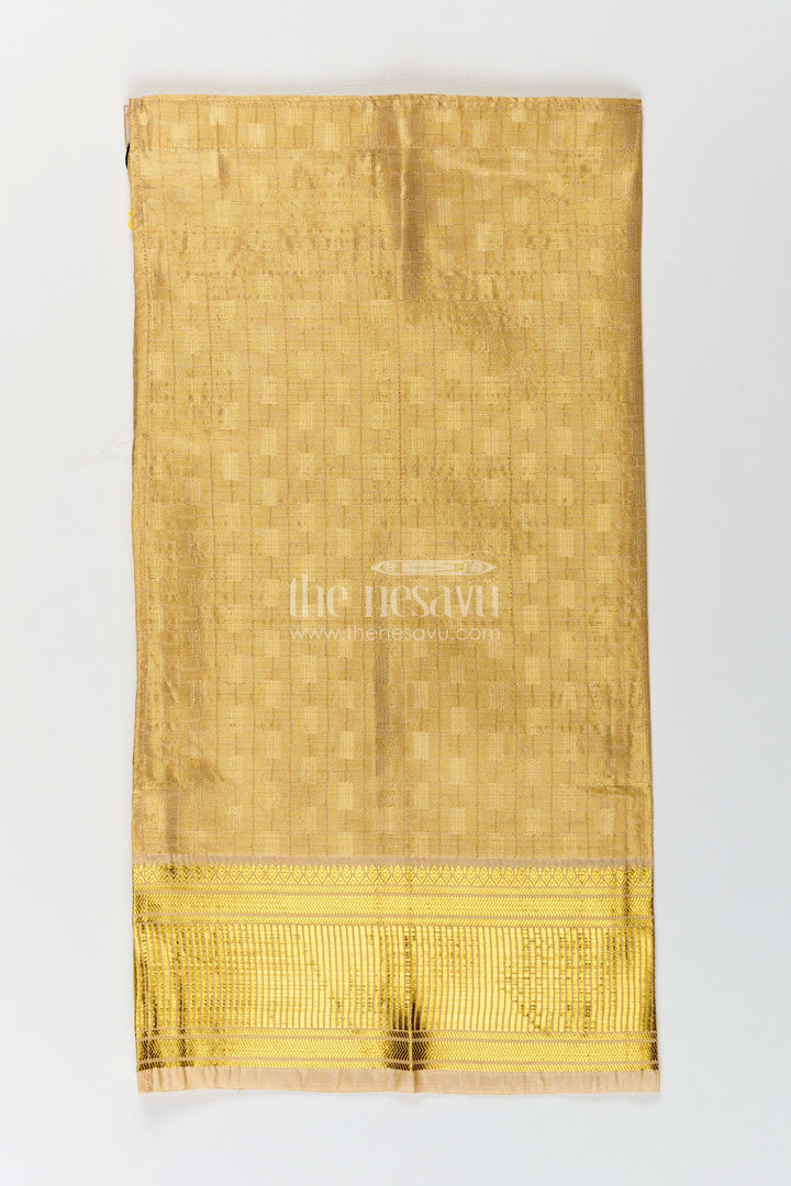 The Nesavu Boys Vesti Boys Tissue Embossed Dhoti with Rich Zari Border in Yellow Dhoti Traditional Style Nesavu Boys yellow dhoti Tissue Fabric Embossed Detailing Golden Zari Border | The Nesavu
