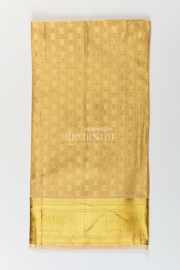 The Nesavu Boys Vesti Boys Tissue Embossed Dhoti with Rich Zari Border in Yellow Dhoti Traditional Style Nesavu Boys yellow dhoti Tissue Fabric Embossed Detailing Golden Zari Border | The Nesavu