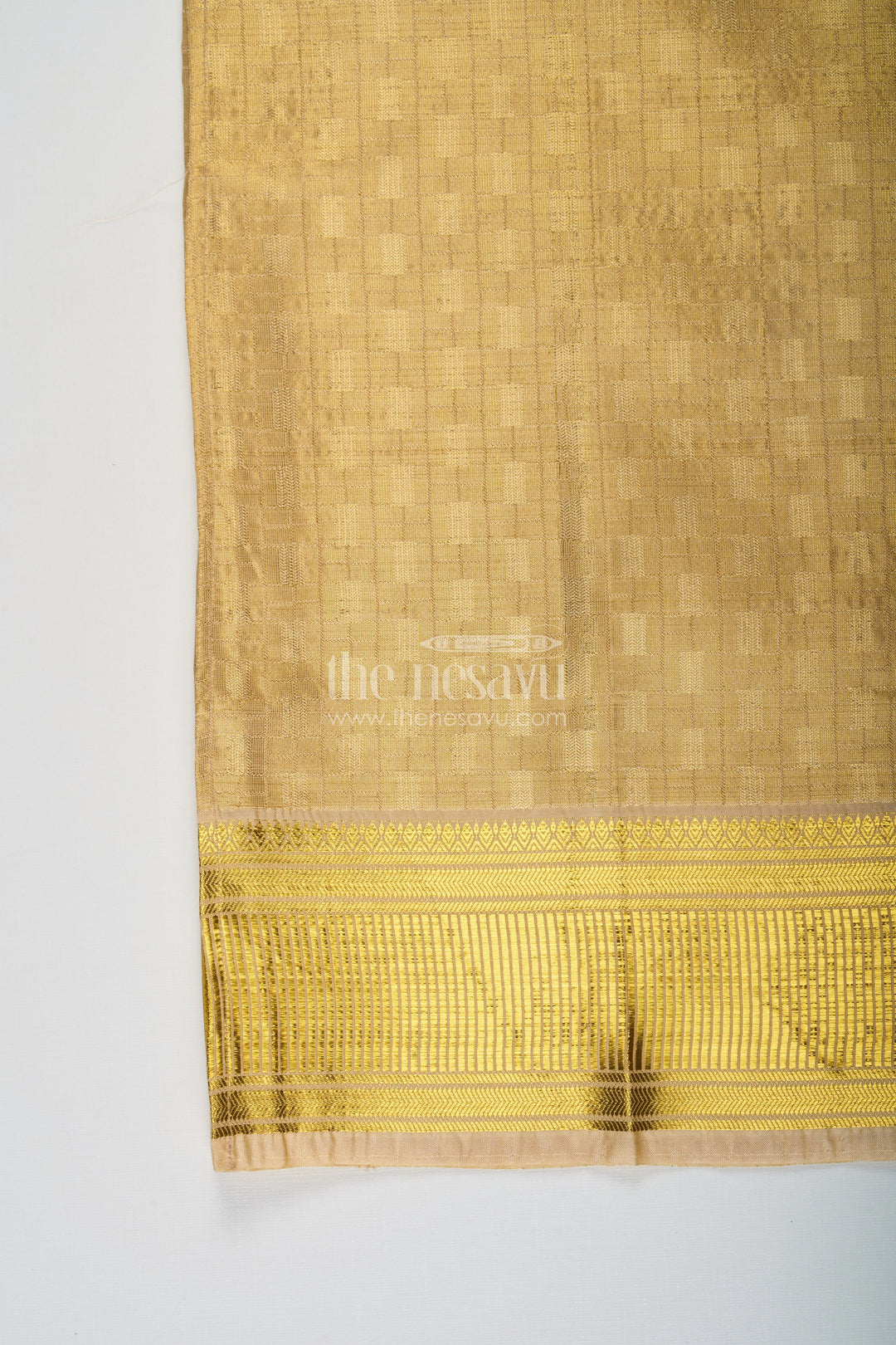 The Nesavu Boys Vesti Boys Tissue Embossed Dhoti with Rich Zari Border in Yellow Dhoti Traditional Style Nesavu Boys yellow dhoti Tissue Fabric Embossed Detailing Golden Zari Border | The Nesavu