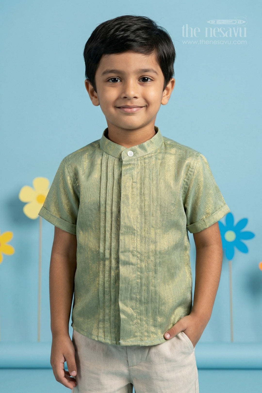 The Nesavu Boys Silk Shirt Boys Tissue Silk Shirt for Festive Occasions Nesavu 14 (6M) / Beige / Silk Blend BS406A-14 Nesavu Boys Tissue Silk Shirt For Weddings Festivals And Traditional Family Functions