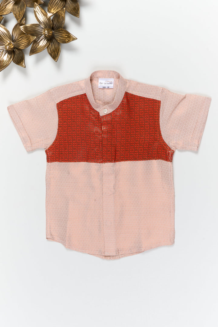 The Nesavu Boys Silk Shirt Boys Tissue Silk Shirt with Banarasi Yoke for Special Occasions Nesavu 14 (6M) / Gold / Cotton Silk BS399A-14 Nesavu boys cotton tissue silk shirt with Banarasi yoke patch for Diwali and weddings