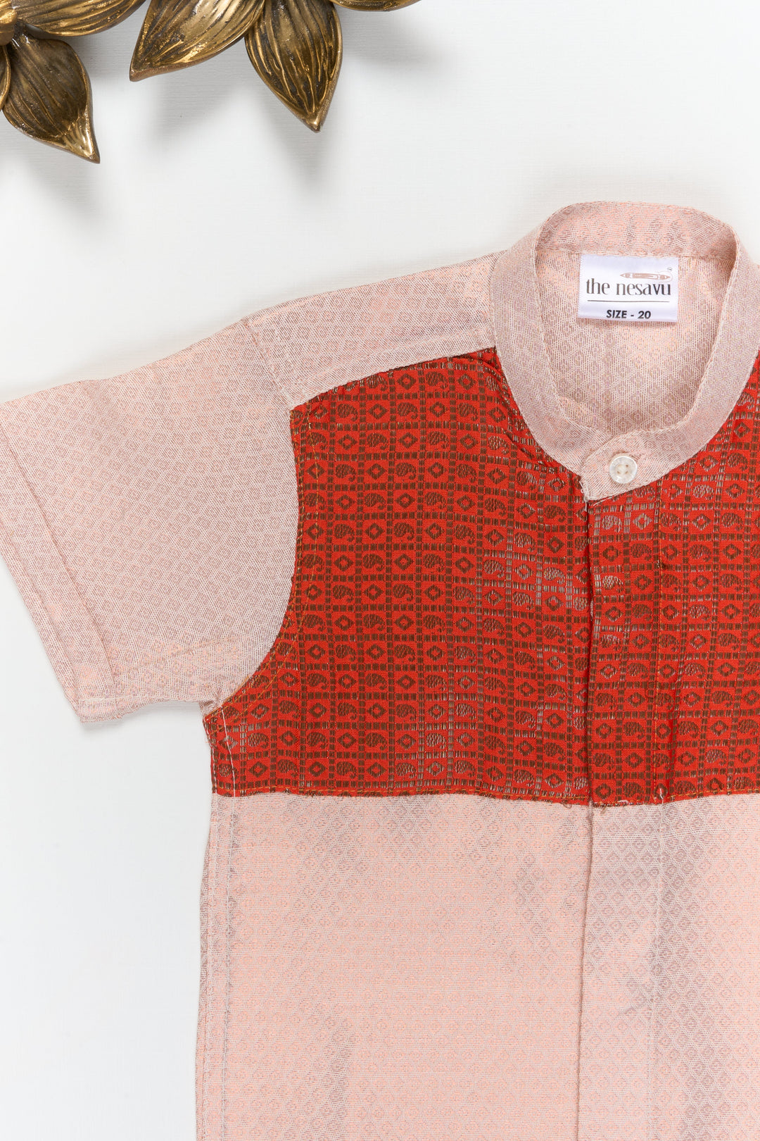 The Nesavu Boys Silk Shirt Boys Tissue Silk Shirt with Banarasi Yoke for Special Occasions Nesavu Nesavu boys cotton tissue silk shirt with Banarasi yoke patch for Diwali and weddings